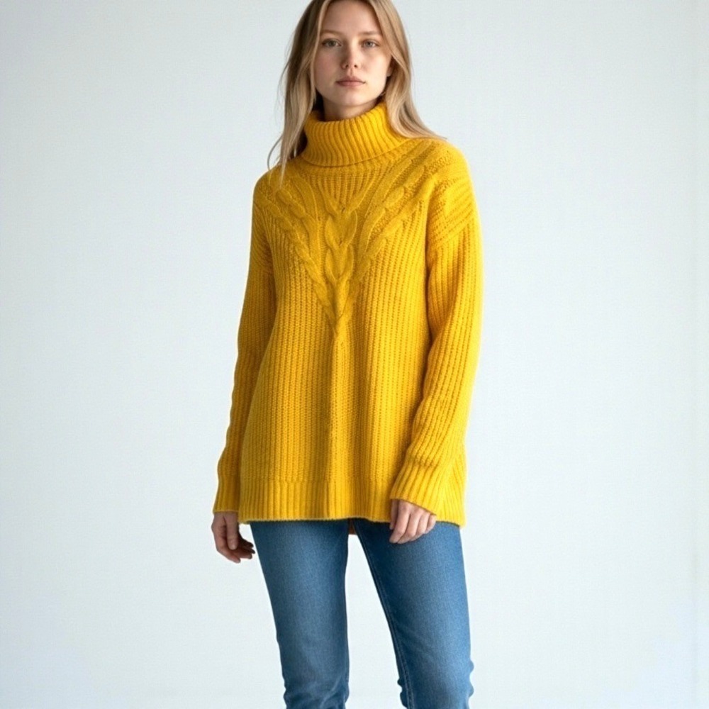 Lands' End Turtleneck Sweater Womens M Yellow Excellent Cable Knit Chunky Cotton - Picture 10 of 10